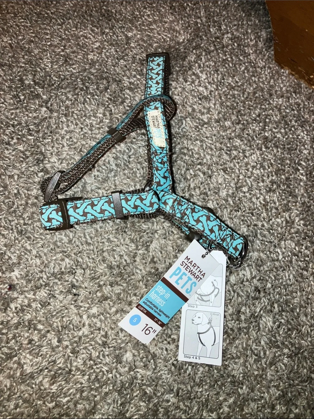 Martha Stewart Pets Turquoise & Brown Dog Bone Print Step-In Dog Harness New